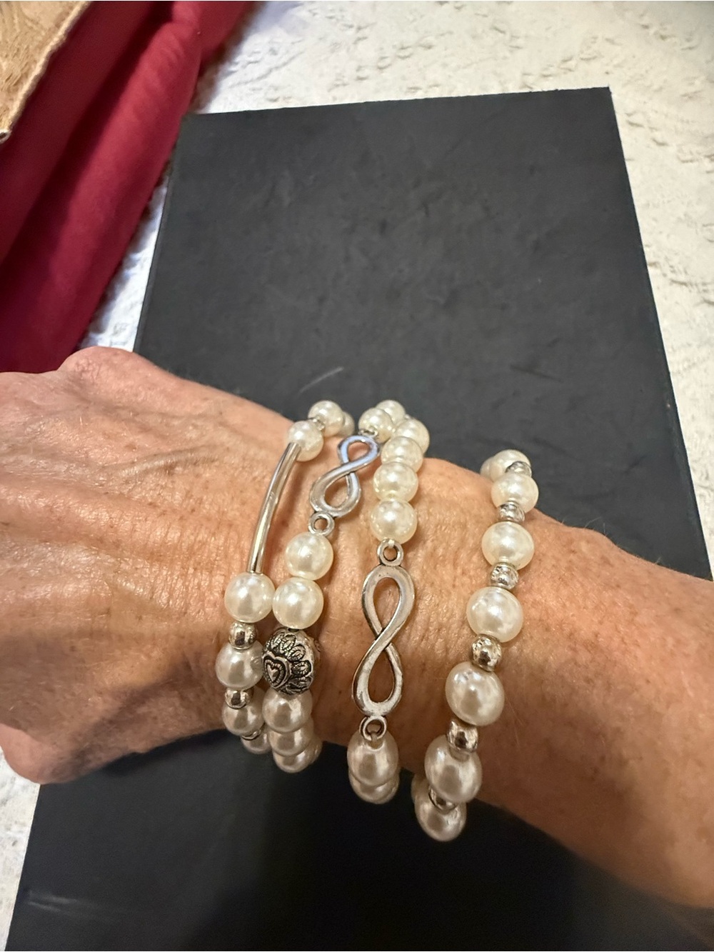 Pearl Bead Stretch Bracelet Set with Silver Accents